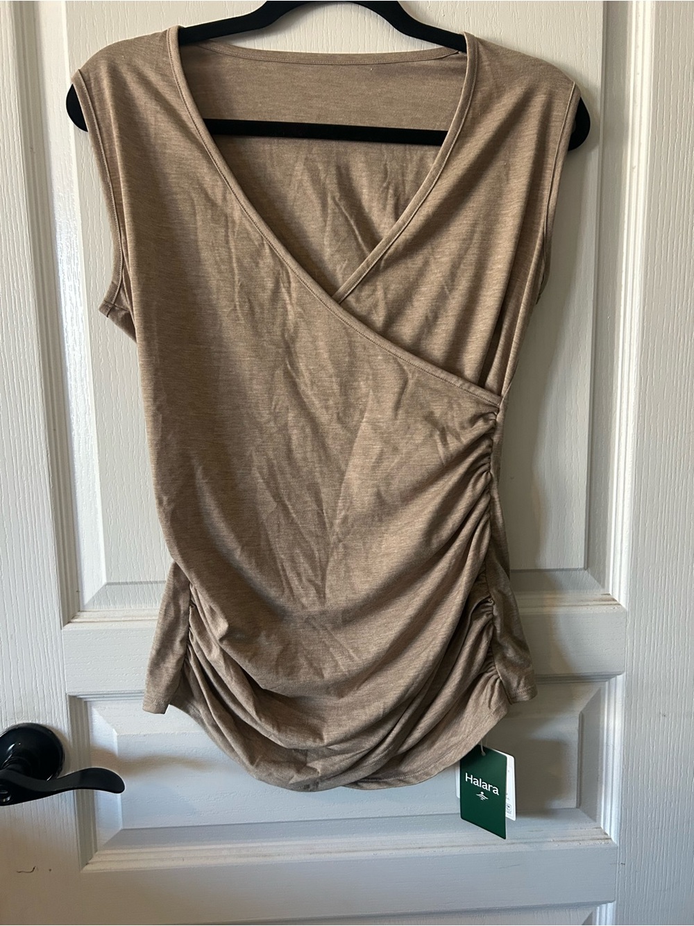 HALARA Taupe Wrap-Front Sleeveless Ruched Top